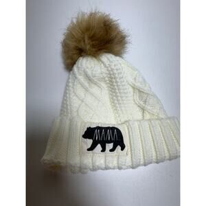 Rae Dunn “Mama” Knit Winter Hat With Pom Oom Snow Beanie Cream Color